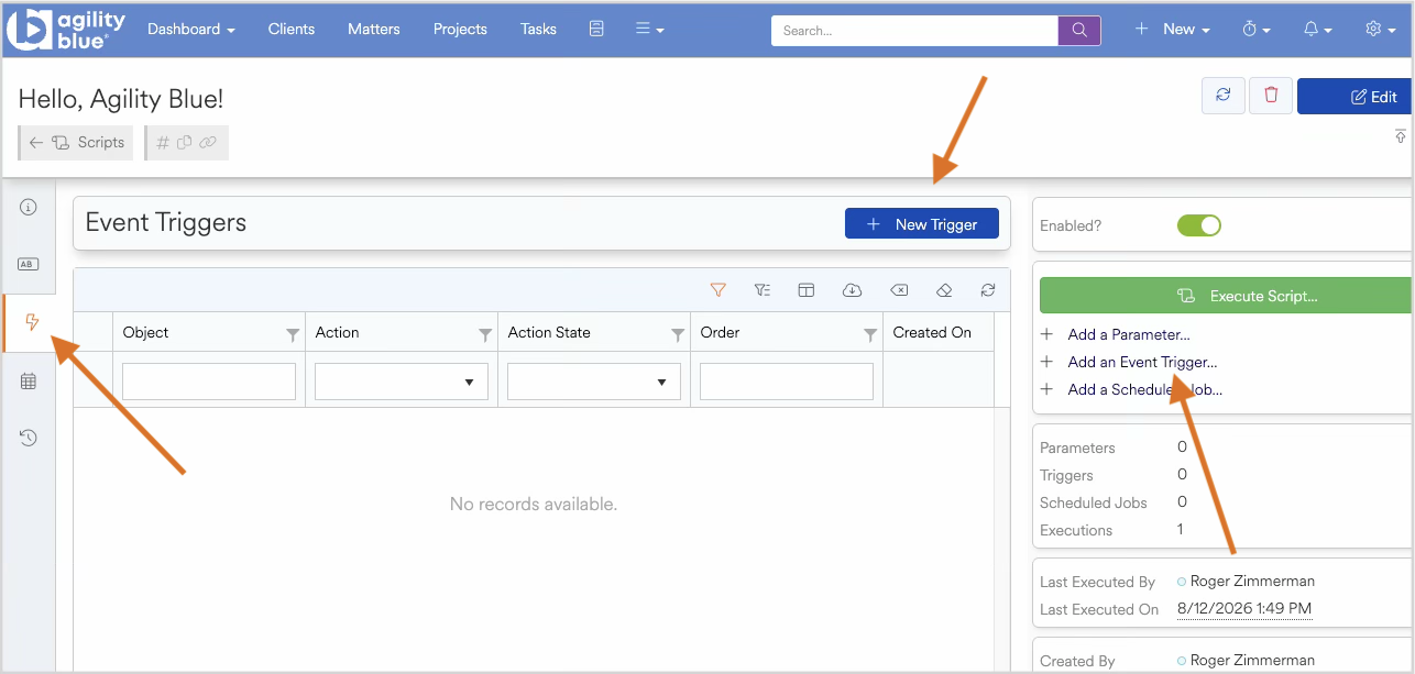 User interface displaying event triggers with options to add new triggers and parameters.